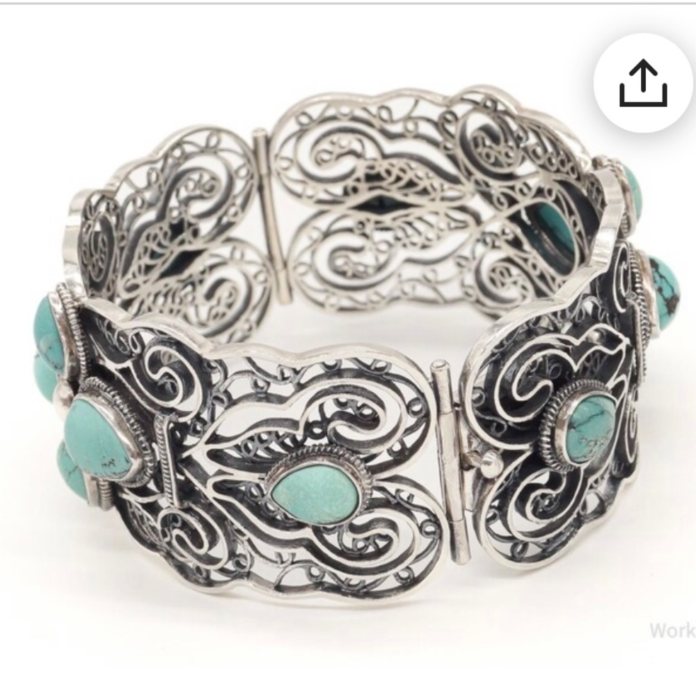 Vintage Turquoise Filigrane Sterling Silver Cuff Bracelet
